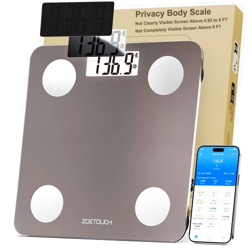 ZOETOUCH Smart Scale with BMI Body Fat Muscle Mass, ZOETOUCH Digital Privacy Bathroom Scale for Body Weight with APP, Bluetooth Weighing Machine for People with Anti-Peeking Screen Invisible Outside 6 Ft