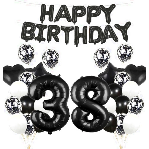 GLZLMM 38th Birthday Balloon 38th Birthday Decorations Black 38 Balloons Happy 38th Birthday Party Supplies Number 38 Foil Mylar Balloons Latex Balloon for Girls,Boys,Women,Men