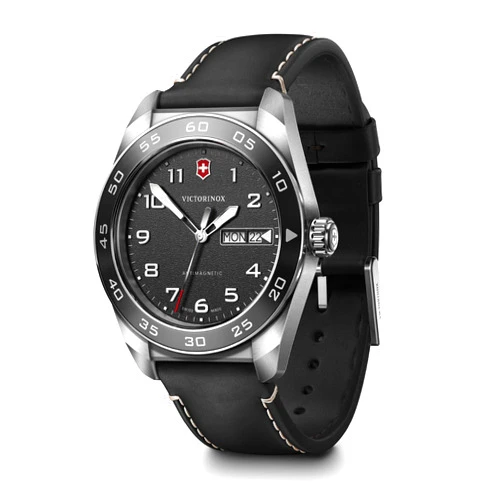 Victorinox Swiss Army Quartz Black Dial Black Leather Strap Watch 42mm - 242041