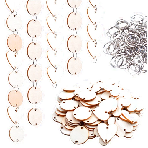 Aylifu 100 pieces Wooden Circles Wooden Heart Tags with 2 Holes and 100 Pieces 10mm Rings for Birthday Boards, Valentine, Chore Boards, Arts and Crafts