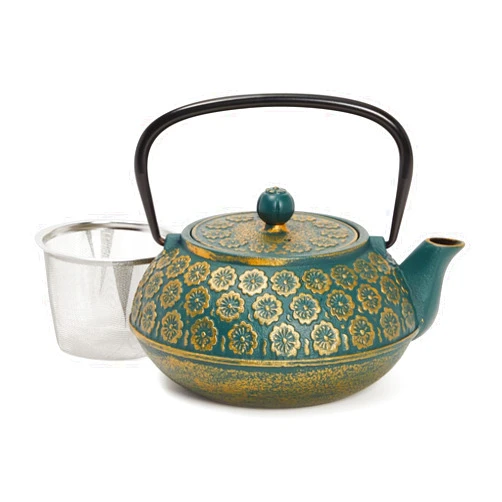 Juvale Green Floral Cast Iron Teapot Kettle with Stainless Steel Loose Leaf Infuser (34 oz)