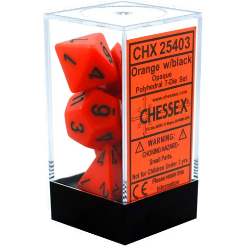 Chessex DND Dice Set-Chessex D&D Dice-16mm Opaque Orange and Black Plastic Polyhedral Dice Set-Dungeons and Dragons Dice Includes 7 Dice - D4 D6 D8 D10 D12 D20 D% (CHX25403)