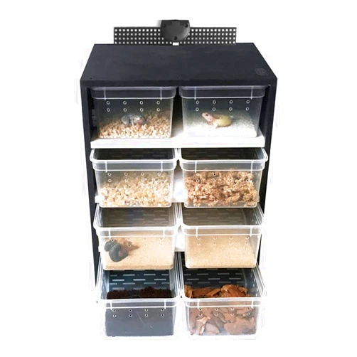 SNKOURIN 8PCS Reptile Feeding Box, Reptile Feeding Cabinet with Heating Pad Thermostat,Transparent Snake Rack Animal Habitat Cage for Small Insect Spider Turtle Cage Lizard, Black