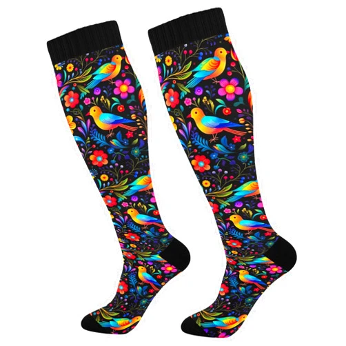 Wassud Compression Socks for Women Men Travel 20-30 mmHg Knee High Socks Athletic Running Socks Ornamental Floral 1 Pair