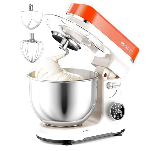 AIRMSEN Automatic Stand Mixer with LED Touchscreen & Timer - 11 Speed Tilt-Head Dough Mixer Fits 5.3QT Bowl & 3-IN-1 Attachments - Kitchen Electric Mixer for Bread Cake Baking - Beige and Orange