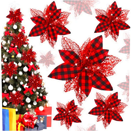 Sumind 12 Pieces Christmas Buffalo Plaid Poinsettia 9.8 Inches Xmas Poinsettia Flower Pick with Pole Artificial Xmas Flower Ornaments for Christmas (Black Red, Red Pine Cones)