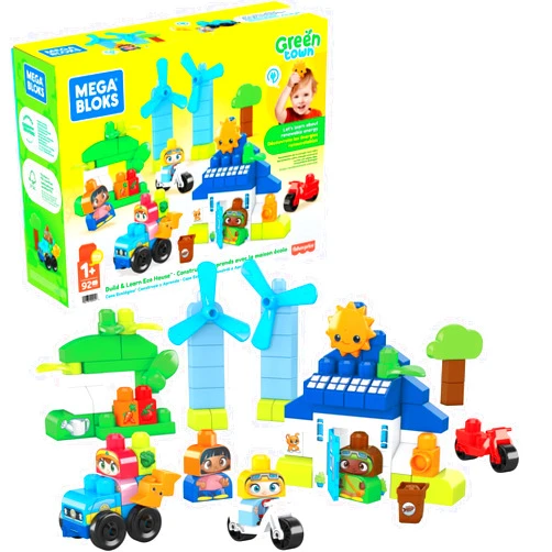 Mega BLOKS Fisher-Price Toddler Blocks Toy Set, Green Town Build ‘n Learn Eco House with 88 Pieces, 4 Figures, Ages 1+ Years