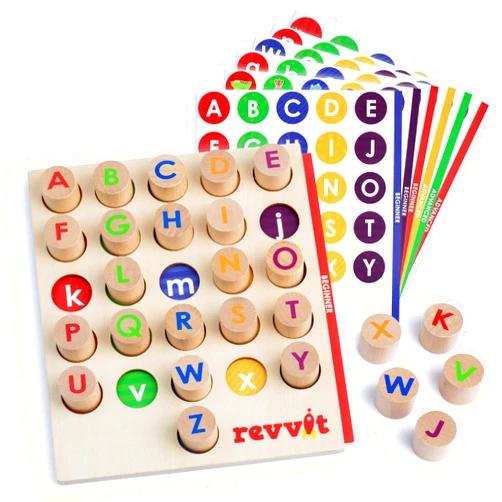 REVVIT Alphabet Matching - Wooden Pegs, Board and Cards - Letters, Colors, Fine Motor Skills. Preschool and Classroom Learning Activity Set (Includes 26 Pegs)