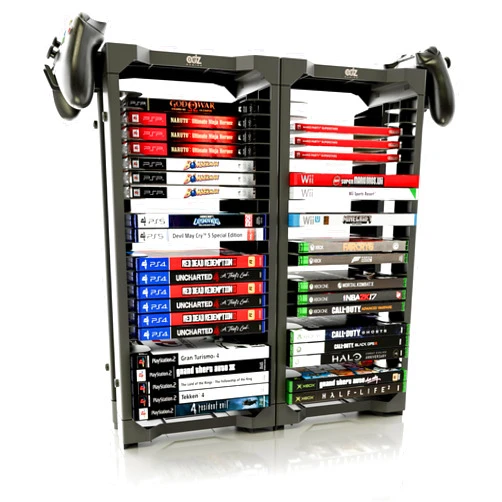 ADZ Universal Game Holder – 46 Game Storage Tower Rack for PS2 PS3 PS4 PS5 PSP Xbox 360 Xbox One Series X Wii Switch Games DVD and Blu-Ray Disks. Includes 2 Controller Mounts (Black)