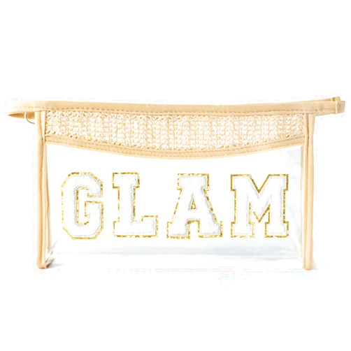 Belanttega Boho Patch GLAM Makeup Bag Clear Toiletry Bag Varsity Letter Travel Cosmetic Bag beige Transparent Waterproof Snacks Bag Cute Zipper Makeup Pouch for Women Girls (GLAM)