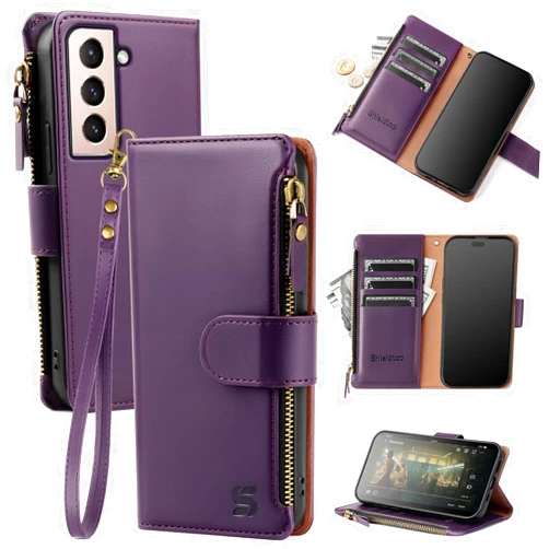 Shieldtop for Samsung Galaxy S21 Wallet Case with Card Holder,Women Men RFID Blocking PU Leather Flip Cover Wrist Strap Zipper Credit Card Slots,Phone Case for Galaxy S21 6.2
