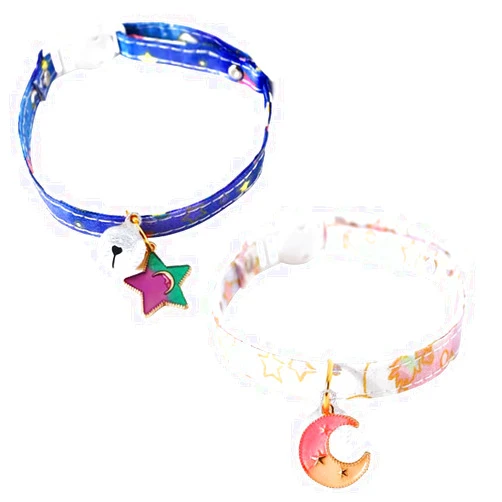 JIEDALIN 2 Pcs Cute Moon and Star Cat Collar with Bells Adjustable Cat Collar with Quick Release Buckle and Bell Adjustable Cute Kitty Collar with Bells for Cats Kitten
