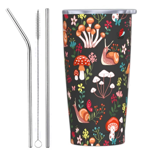 Yobvec Cute Mushroom Tumbler with Lid and Straw, 20 Oz Stainless Steel Insulated Water Bottle Cup Travel Coffee Mug