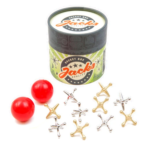 Rocket Box Jacks Game: Retro Toys, Vintage, Classic Games of Jacks, Gold and Silver Toned Jax, Two Red Bouncy Balls, Fun Toys for Kids and Adults of All Ages. Family Board Games Night. Travel Size.