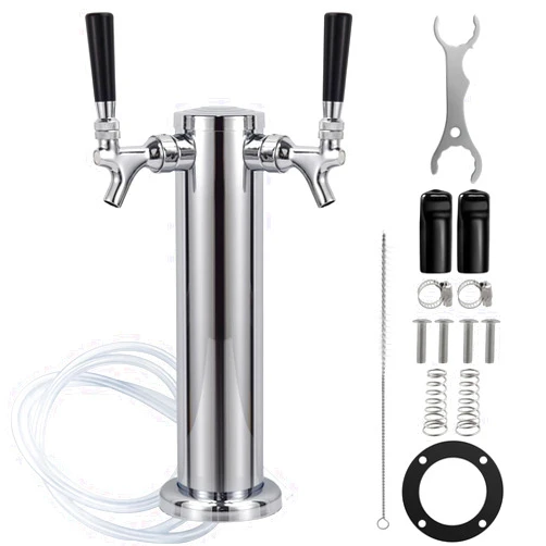 FERRODAY Kegerator Tower Dual Faucet Beer Tower Double Tap Beer Tower Dispenser Beer Tap Kegerator Parts Stainless Steel Tower Brass Faucet Stainless Core Pre-assembled Lines 3