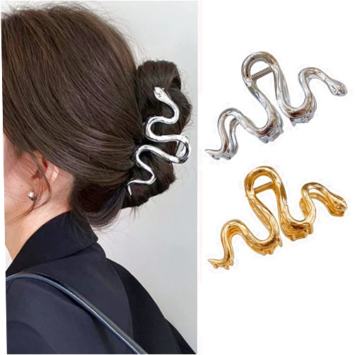 AIUPUOC Large Metal Silver Snake Accessories: Elegant Thick Hair Clips, Barrettes, Banana Hairpins for Women & Girls - 2Pcs
