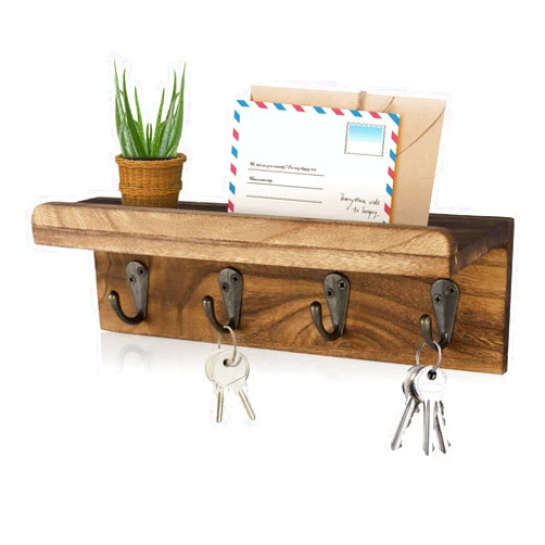 HRONRAD Rustic Key Holder for Wall, Farmhouse Wall Shelf with 4 Hooks, Wall Mounted Key Racks, Wooden Mail Organizer with Hooks for Entryway (Brown)