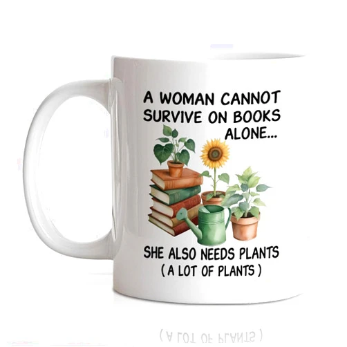 DYJYBMY A Woman Cannot Survive On Books Alone Mug, Plant Lady Gardening Coffee Cup, Mother's Day Birthday Gifts for Nerds Bookworms, Gifts for Women Plant Lover Book Lover Mom Grandma Aunt Sister