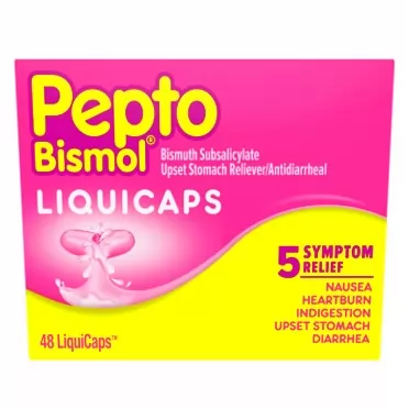 Pepto Bismol Liquicaps, Upset Stomach Relief, Bismuth Subsalicylate, Multi-Symptom Relief of Gas, Nausea, Heartburn, Indigestion, Upset Stomach, Diarrhea, 48 Liquicaps