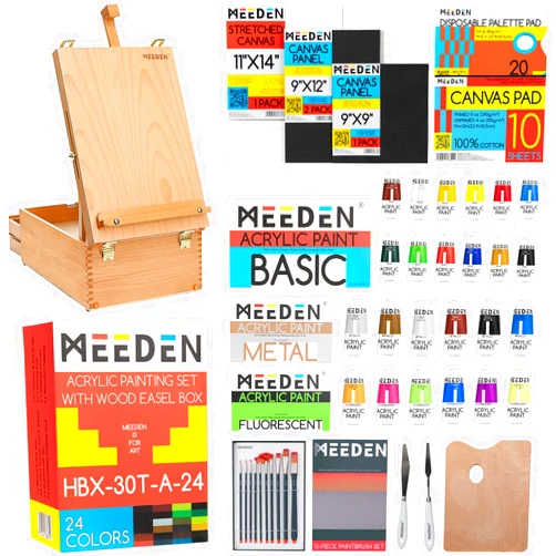 MEEDEN Acrylic Paint Set, Deluxe Painting Kit with Beech Wood Easel Box, Acrylic Paints, Paintbrushes, Canvas, Palettes and Accessories, Art Paint Supplies for Artists,Adults