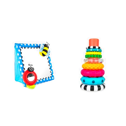 Sassy Tummy Time Floor Mirror | Developmental Baby Toy | Newborn Essential for Tummy Time & Stacks of Circles Stacking Ring STEM Learning Toy, Age 6+ Months, Multi