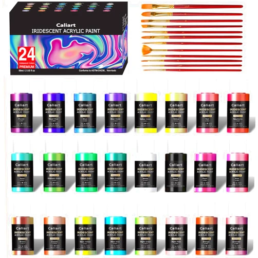 Caliart Iridescent Acrylic Paint with 12 Brushes, 24 Colors (59ml, 2oz) Art Craft Paints for Artists Students Kids Beginners, Halloween Decorations Canvas Ceramic Wood Rock Painting Kit
