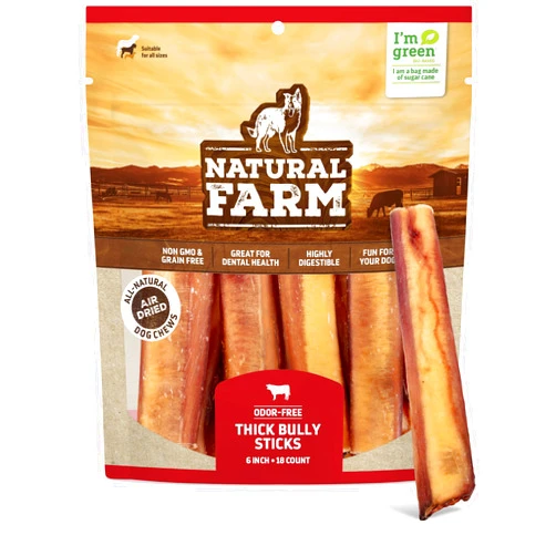 Natural Farm Odor-Free Thick Bully Sticks (6”, 18-pack) ALL-NATURAL Long-Lasting Dog Chews, 100% Beef Pizzle, Grass-Fed, Grain-Free, Protein for Muscle Development & Energy, Perfect For Medium Chewers