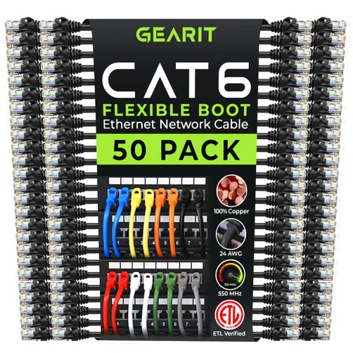 GearIT 50-Pack Cat6 Patch Cable 1 Foot Cat 6 Ethernet Cable Snagless Flexible Soft Tab - Preimum Series - Black
