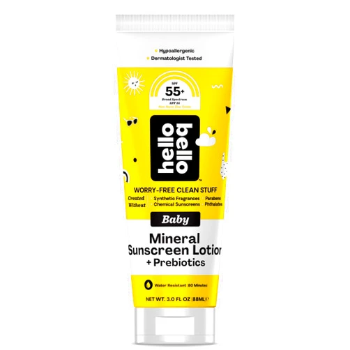 Hello Bello Mineral SPF 55 Sunscreen Lotion with Prebiotics, Water Resistant and Reef Friendly Sun Protection for Babies and Kids, 3 fl oz (Pack of 1)
