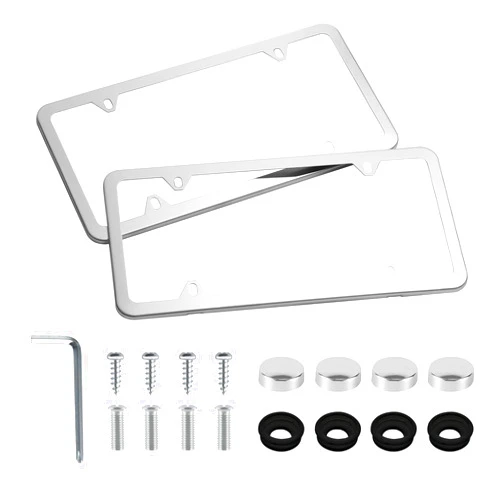 LivTee Chrome License Plate Frames, 4 Holes Stainless Steel License Plate Covers, 2PCS Car License Plate Holder, Automotive Accessories, Slim Design with Bolt and Gasket Cover for US Cars(Silver)