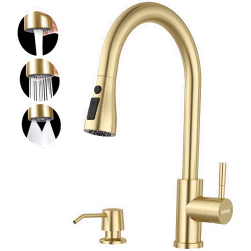 DAYONE Champagne Gold Kitchen Faucet with Soap Dispenser, Brushed Gold Kitchen Sink Faucet with Pull Down Sprayer 3 Modes, Gold Stainless Steel Faucet for 2 Holes Kitchen Sink, DAY-CR0016