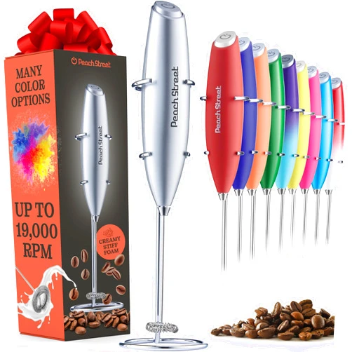 Peach Street Powerful Handheld Milk Frother, Mini Milk Foamer, Battery Operated (Not included) Stainless Steel Drink Mixer with Frother Stand for Coffee, Lattes, Cappuccino, Frappe, Matcha, Hot Chocolate.