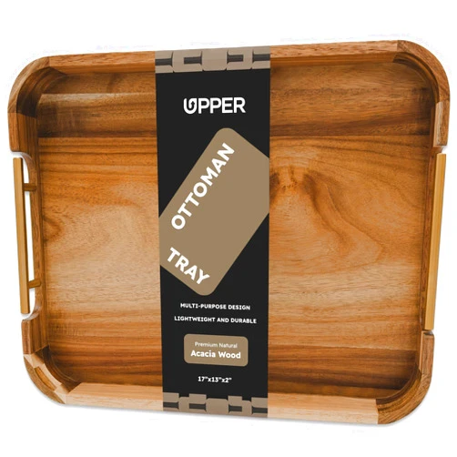 UPPER Ottoman Tray 17x13 Inches Acacia Wood Serving Tray with Handles, Decorative Serving Tray with Handles, Wooden Serving Tray for Ottoman, Coffee Table Tray, Breakfast Tray Anti-Skid Pads Included
