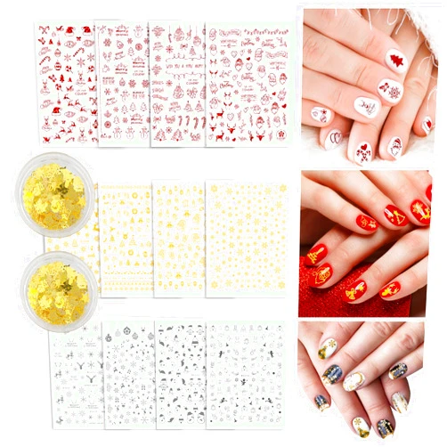 Whaline 1200Pcs+ Christmas Metallic Nail Art Decals with 2 Boxes Nail Sequins Self-Adhesive Nail Art Sticker Red Gold Sliver Nail Decals for Women Girl Winter Nail DIY Decorations, 12 Sheets