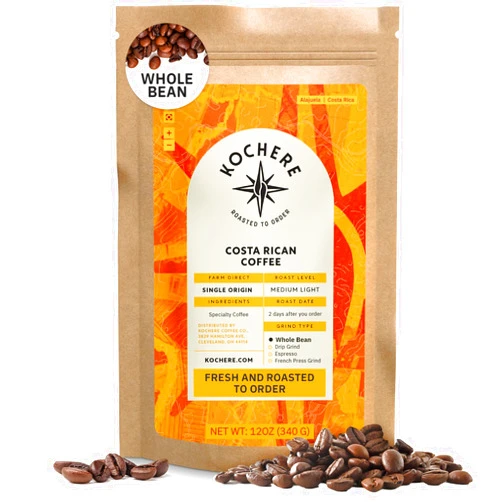 Kochere Costa Rican Whole Bean Coffee Medium Roast - 12 oz, Single Origin Arabica SpecialtyCoffee Beans, Fair Trade, Non-GMO