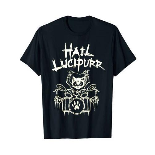 Black & Death Metal Hard Rock Drum Band Gifts Hail Lucipurr Heavy Metal Satan Drums Playing Cat Drummer T-Shirt