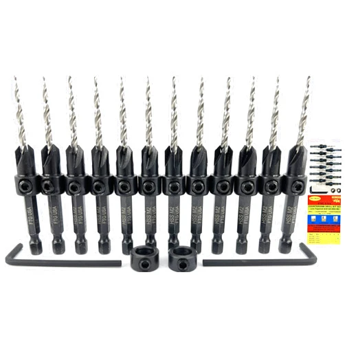 FTG USA Countersink Drill Bit Set for Wood with Tapered Drill Bit 12 Pc #6 (9/64