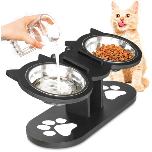 OLLVIA Cat Bowls Elevated,Raised Cat Food Bowls for Indoor Cats,Adjustable Heights Cat Food and Water Bowl with Black Shelf,2 Stainless Steel Elevated Cat Bowls with 15°Tilted