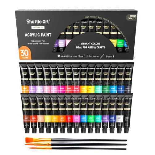 Shuttle Art Acrylic Paint Set, 30 x12ml Tubes Artist Quality Non Toxic Rich Pigments Colors Great for Kids Adults Professional Painting on Rocks Canvas Wood Clay Fabric Ceramic Crafts