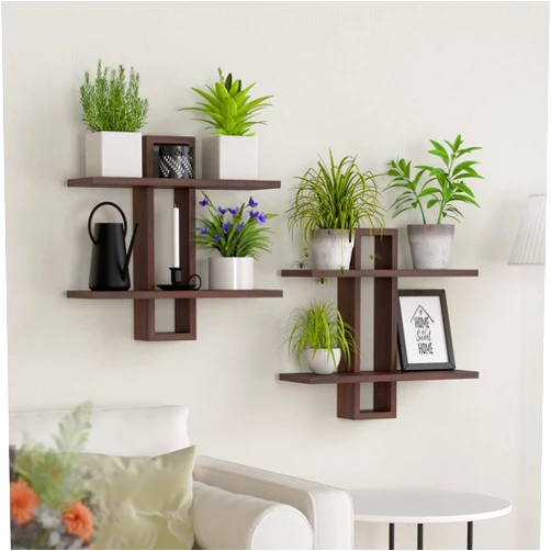ThriftyZ Floating Wood Shelves Set of 2, Farmhouse Wall Mounted 2-Tier Shelf for Bedroom, Bathroom Shelves for Storage, Modern Display Rack for Decor, Hanging Wall Shelves for Room - Rustic Brown