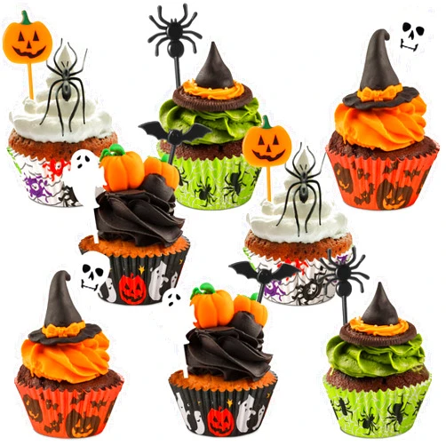 Cunhill 150 Pieces Halloween Picks Set 50 Plastic Cupcake Topper Pumpkin Bat Ghost Toothpicks with 100 Paper Cupcake Liners Muffin Wrappers Baking Cups for Birthday Halloween Party Supplies