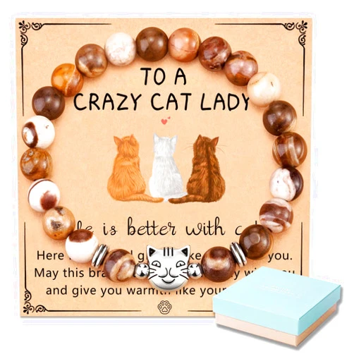 TAKANAP Beads Bracelet for Teacher, Natural Stone Jewelry for Women,Appreciation Jewelry for Educators, Symbolic Charms, Thoughtful Gesture of Gratitude. (Crazy Cat Lady)