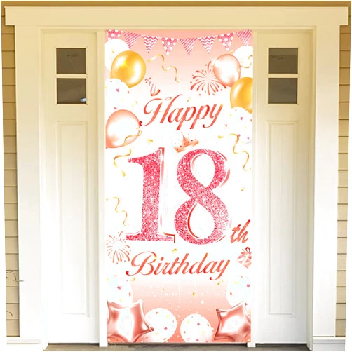 DPKOW Rose Gold 18th Birthday Party Decoration for Girl, Rose Gold 18th Birthday Banner for Backdrop Door Decoration,18th Birthday Background Banner for Garden Table Wall Decoration, 185 x 90cm Fabric