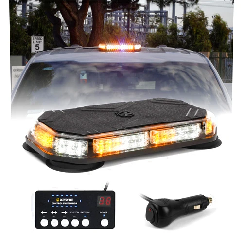 Xprite White Amber Rooftop Emergency Strobe Light Bar, Beacon Safety Flashing Warnin Lights w/Control Panel Magnetic Base for Construction Trucks Plows Postal Security Cars