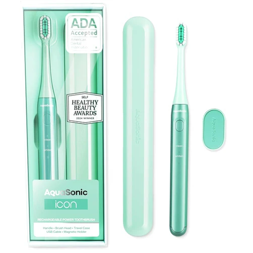 Aquasonic Icon ADA-Accepted Rechargeable Toothbrush | Magnetic Holder & Slim Travel Case | 2 Brushing Modes & Smart Timers | Gentle Micro-Vibrations (Mint)