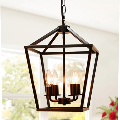 TELAFLY 4-Light Lantern Pendant Light,Modern Industrial Black Cage Farmhouse Chandelier for Kitchen Island,12'' Rustic Metal Hanging Lighting Fixture for Dining Room Bedroom Foyer Entry Porch