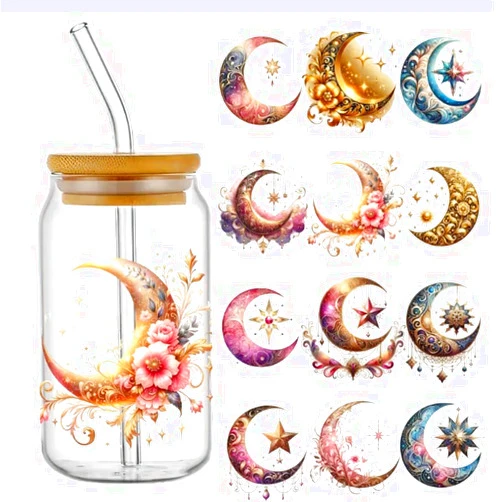 Delupmt 4pcs Magical Moon UV DTF Cup Wraps Transfer Waterproof Sticker for Glass Cups Furniture Craft DIY Crafts，Rub on Transfer Stickers for DIY Water Bottle Laptop Decal Wood Car