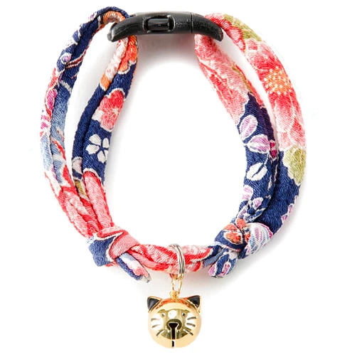 Necoichi Chirimen Hanabi Fireworks Cat Collar (Navy) with Bell Safety Breakaway Soft Lightweight for Cats Kitty Kitten Japanese Stylish Pattern, No.1 Seller in Japan
