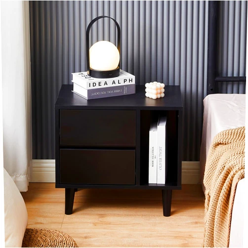TUKAILAi Modern Nightstand with 2 Drawers, Open Storage & Solid Wood Legs, Bedside Table Cabinet Storage Unit for Bedroom (Black)