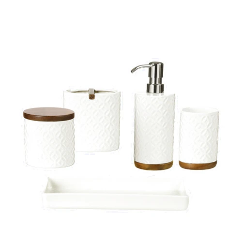 Motifeur Bathroom Accessories Set, 5-Piece Ceramic and Wood Bath Accessory Complete Set with Lotion Dispenser/Soap Pump, Cotton Jar, Vanity Tray, Tumbler and Toothbrush Holder (White and Beige)